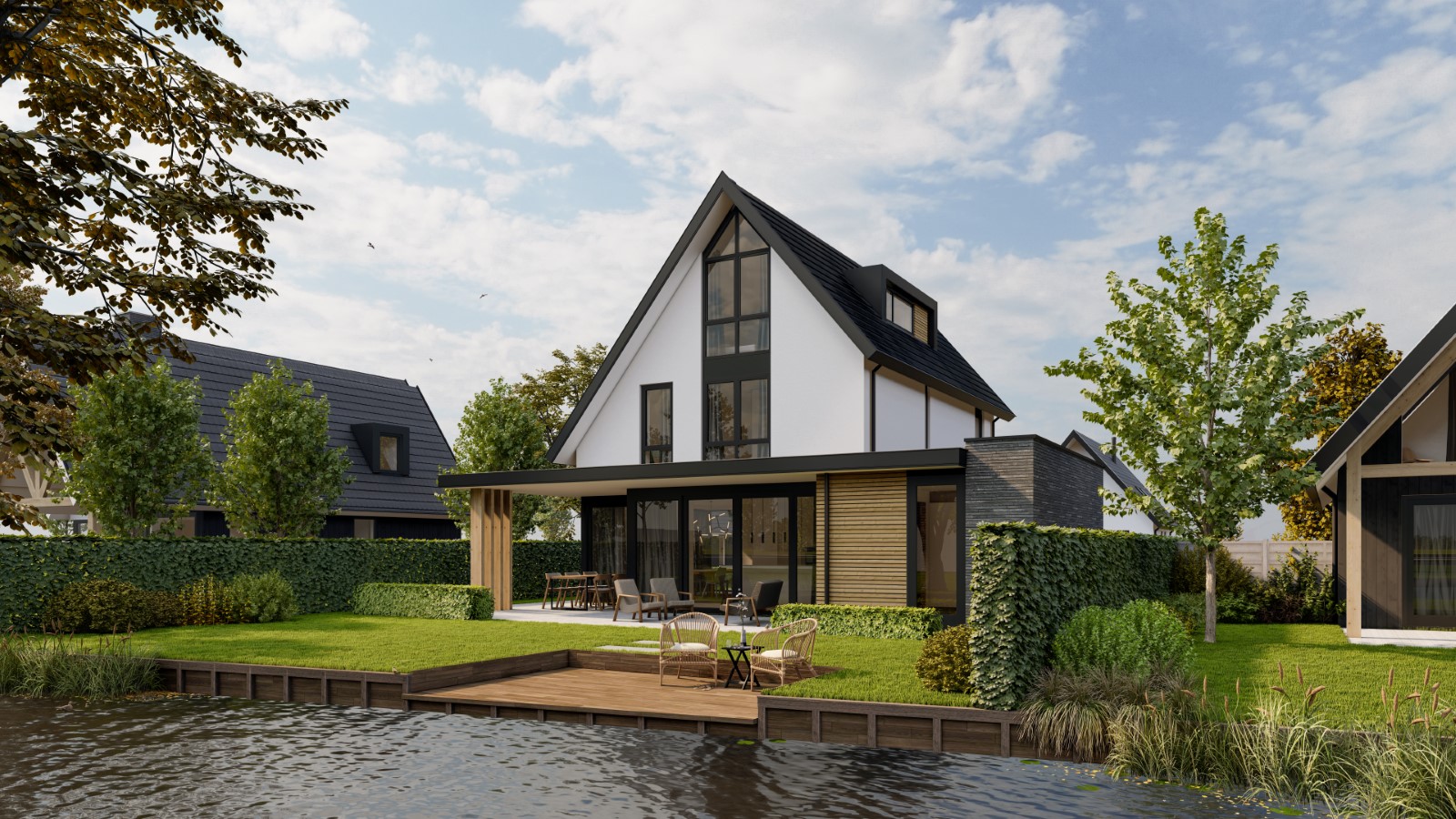 Moderne watervilla met overdekt terras, houten accenten en grote raampartijen &ndash; functioneel ontwerp architect voor duurzaam wonen.