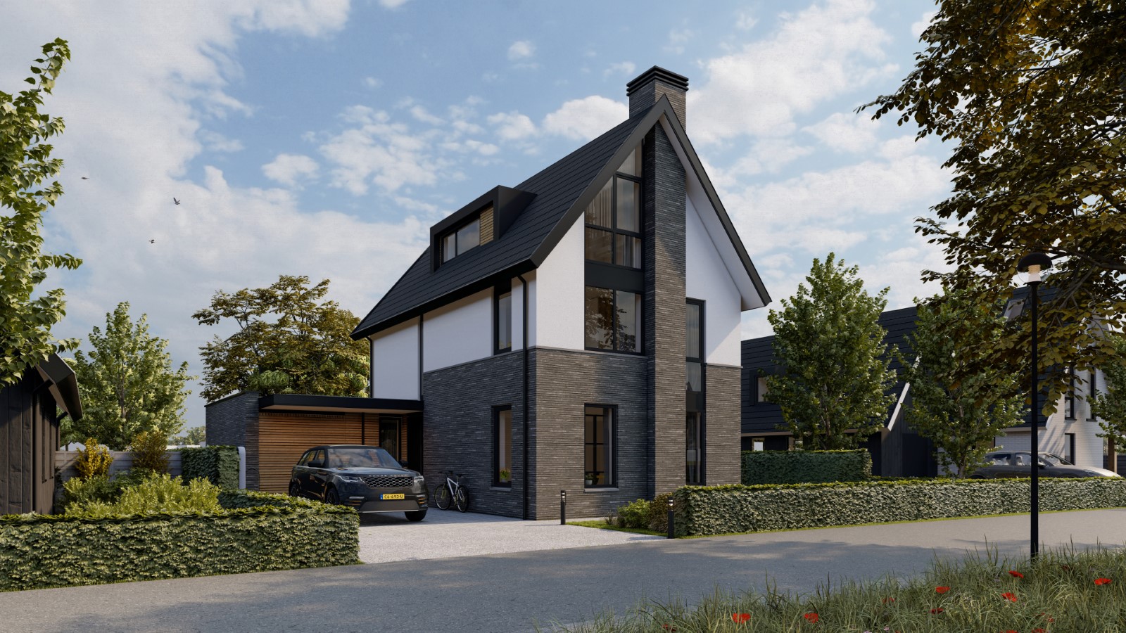 Moderne gezinswoning met rieten dak en zwarte gevelaccenten, ontworpen door functioneel ontwerp architect voor een duurzaam huisontwerp