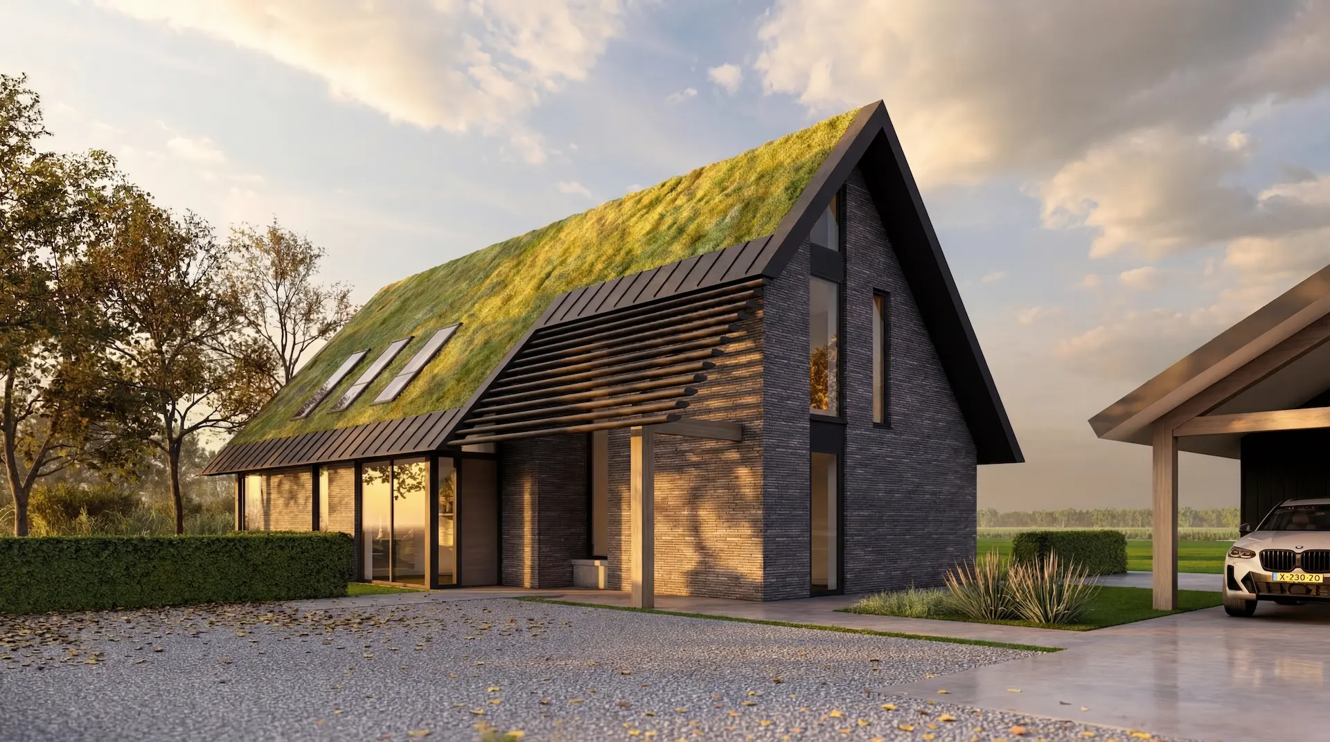 Moderne woning met zadeldak, donkere gevelsteen en houten lamellengevel met veel daglicht &ndash; duurzaam ontwerp door architect Oud-Alblas.