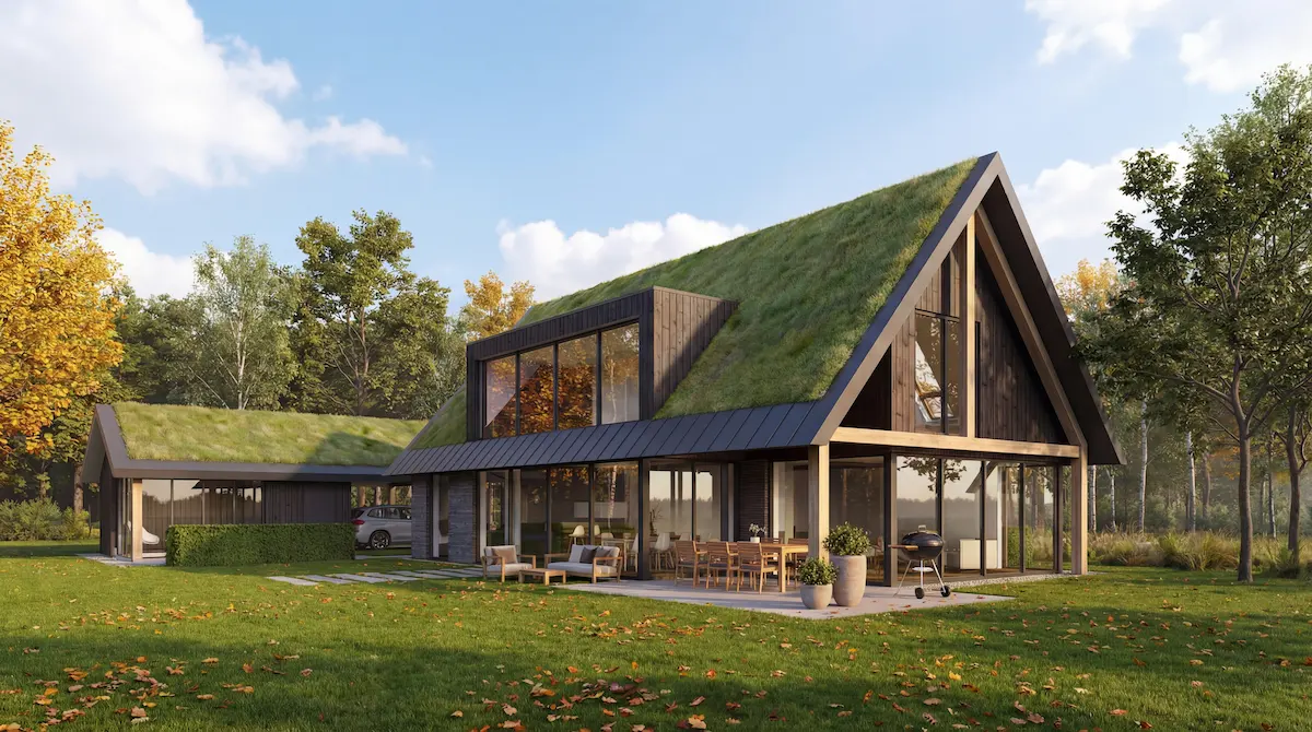 Moderne villa met sedumdak, houten gevel en grote glaspartijen in groen landschap &ndash; strakke architectuur door architect omgeving Rotterdam.