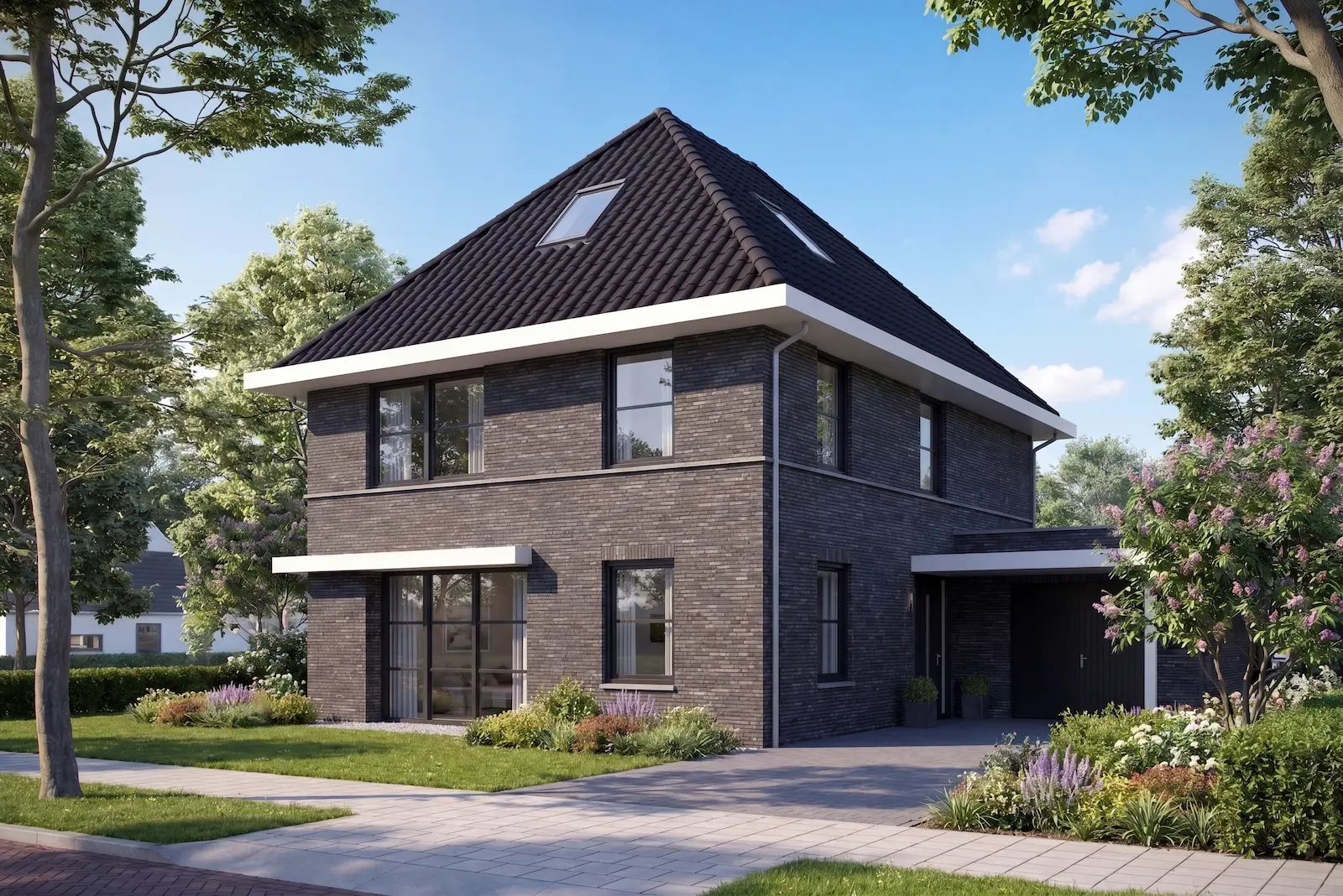 Moderne villa met donkere baksteen, keramisch dak, grote ramen en groene tuin &ndash; ontworpen door architect in Oud Alblas.