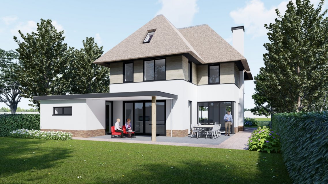 Moderne gezinsvilla met rieten kap, witte gevels en royale aanbouw – eigentijds en licht ontwerp door Bongers Architecten