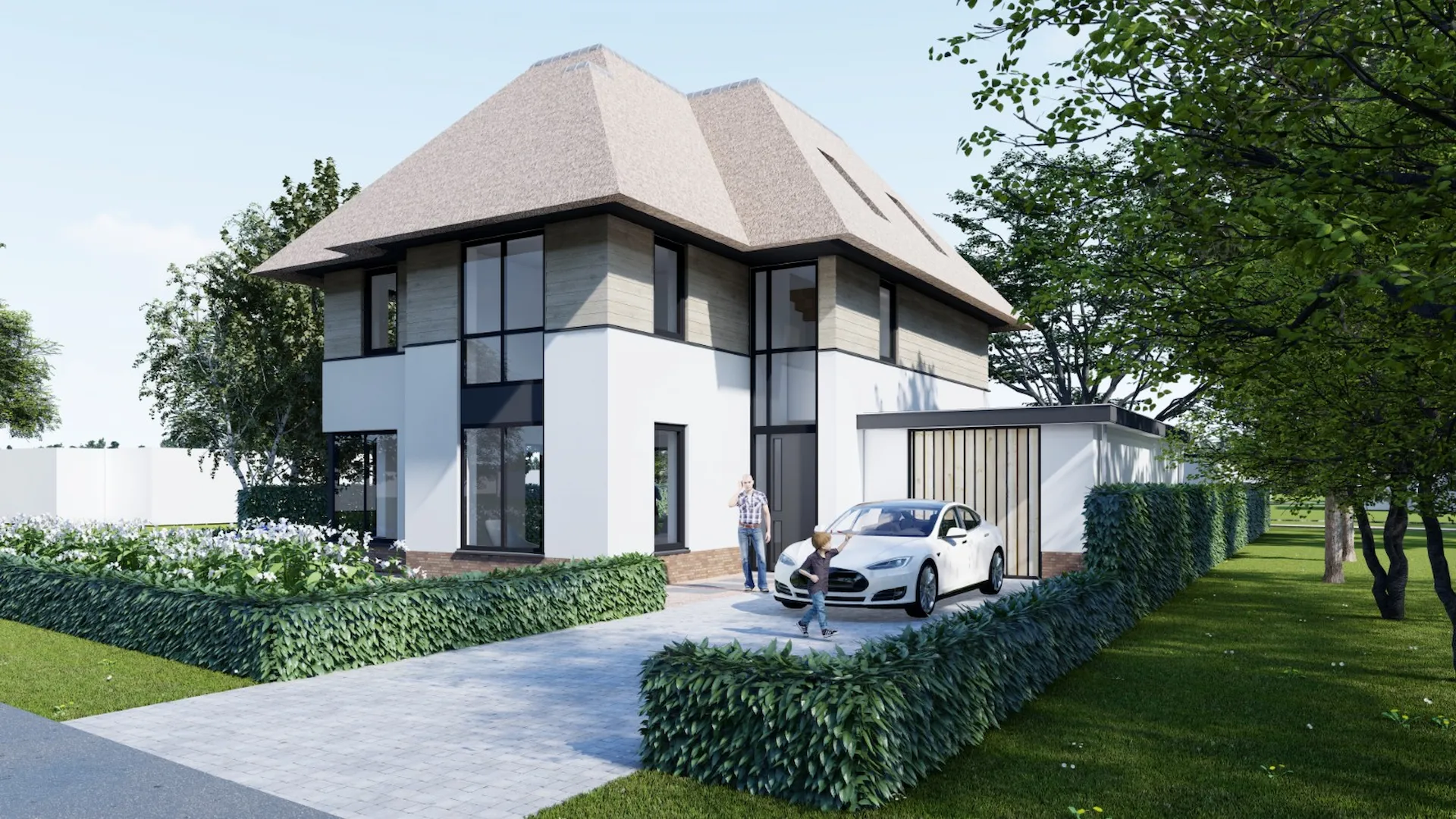 Witte villa met rieten dak, donkere kozijnen en strak vormgegeven garage – tijdloos en modern ontwerp door Bongers Architecten