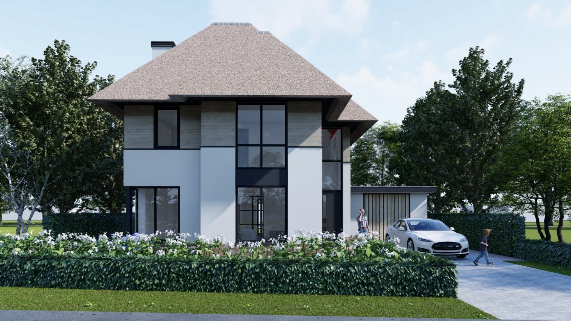 Moderne villa met rieten kap, grote glasvlakken en witte gevel – maatwerk ontwerp door Bongers Architecten