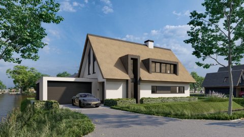 Rietgedekte villa aan het water met wit stucwerk en zwarte accenten &ndash; duurzaam huis ontwerpen door architect Oud-Alblas met oog voor licht en zicht.