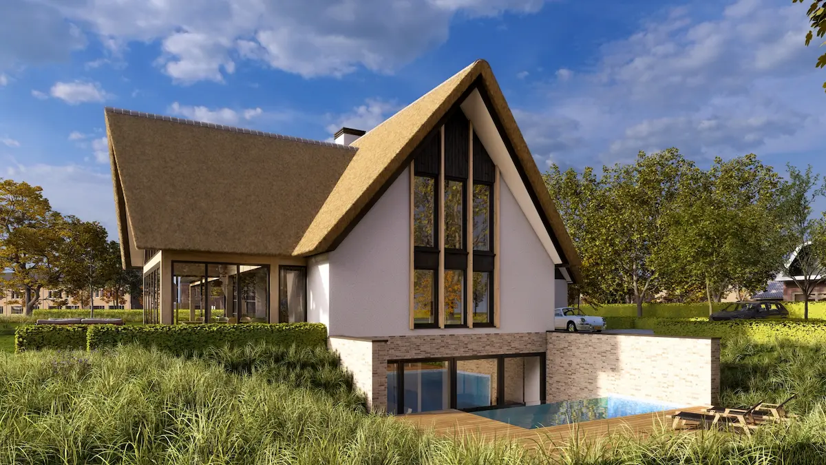 Moderne villa met rieten kap, grote glasgevel en inpandig zwembad &ndash; eigentijdse landelijke architectuur.