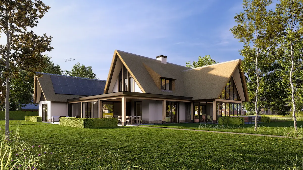 Duurzame rietgedekte villa met zonnepanelen, grote glaspuien en overdekt terras &ndash; moderne landelijke architectuur