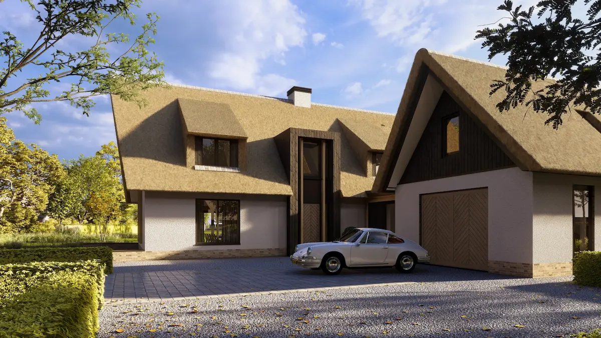 Rietgedekte villa met moderne gevelcompositie en houten accenten, inclusief inpandige garage en oprit.
