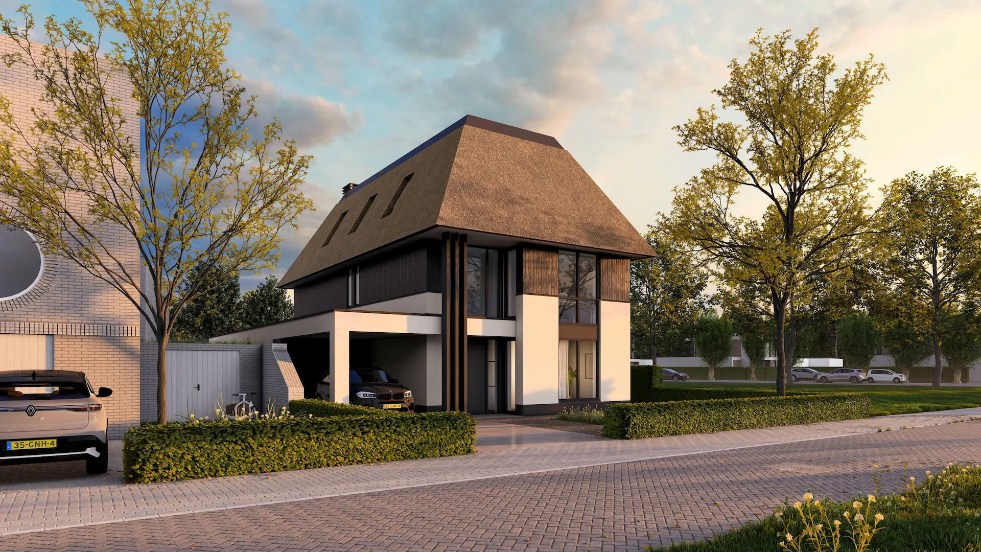 Moderne villa met rieten kap, carport, donkere kozijnen en strakke gevelvlakken &ndash; architect Molenlanden.