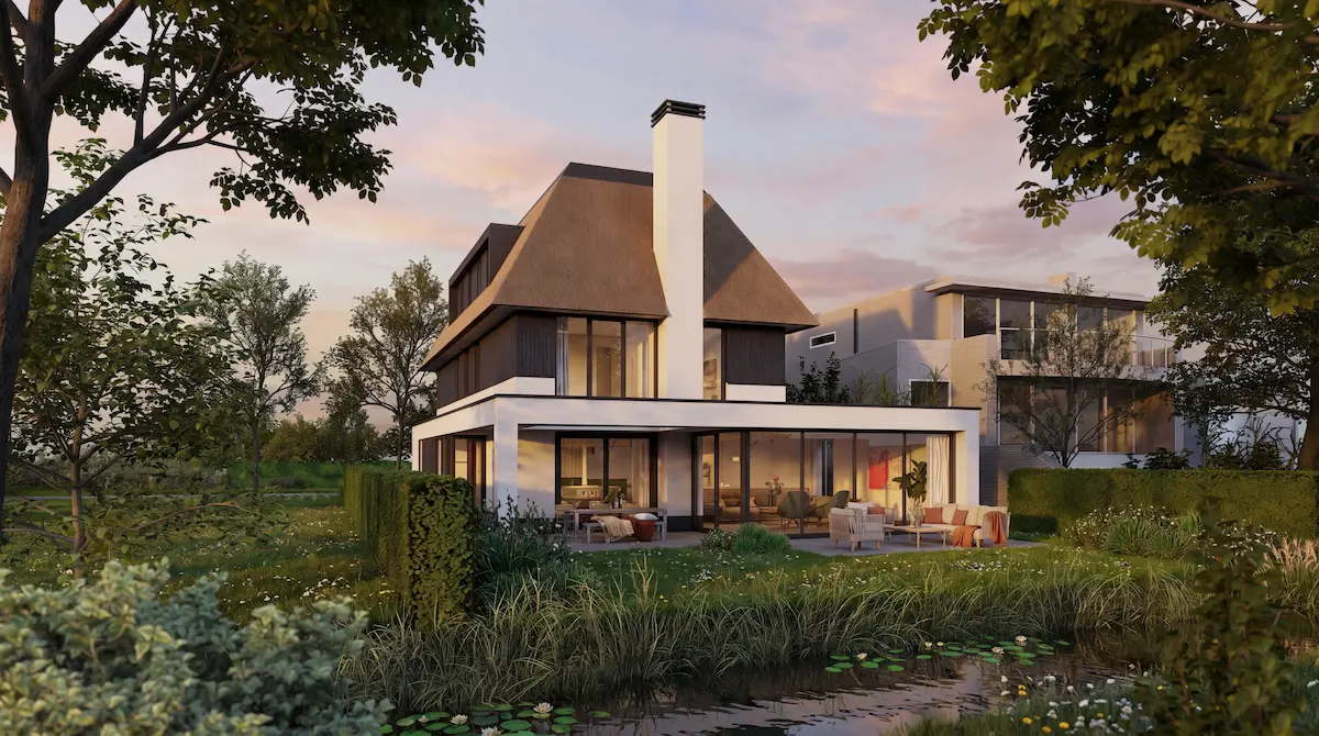Moderne villa aan het water met rieten kap, grote glaspartijen en warm verlichte woonruimte &ndash; architect omgeving Rotterdam.