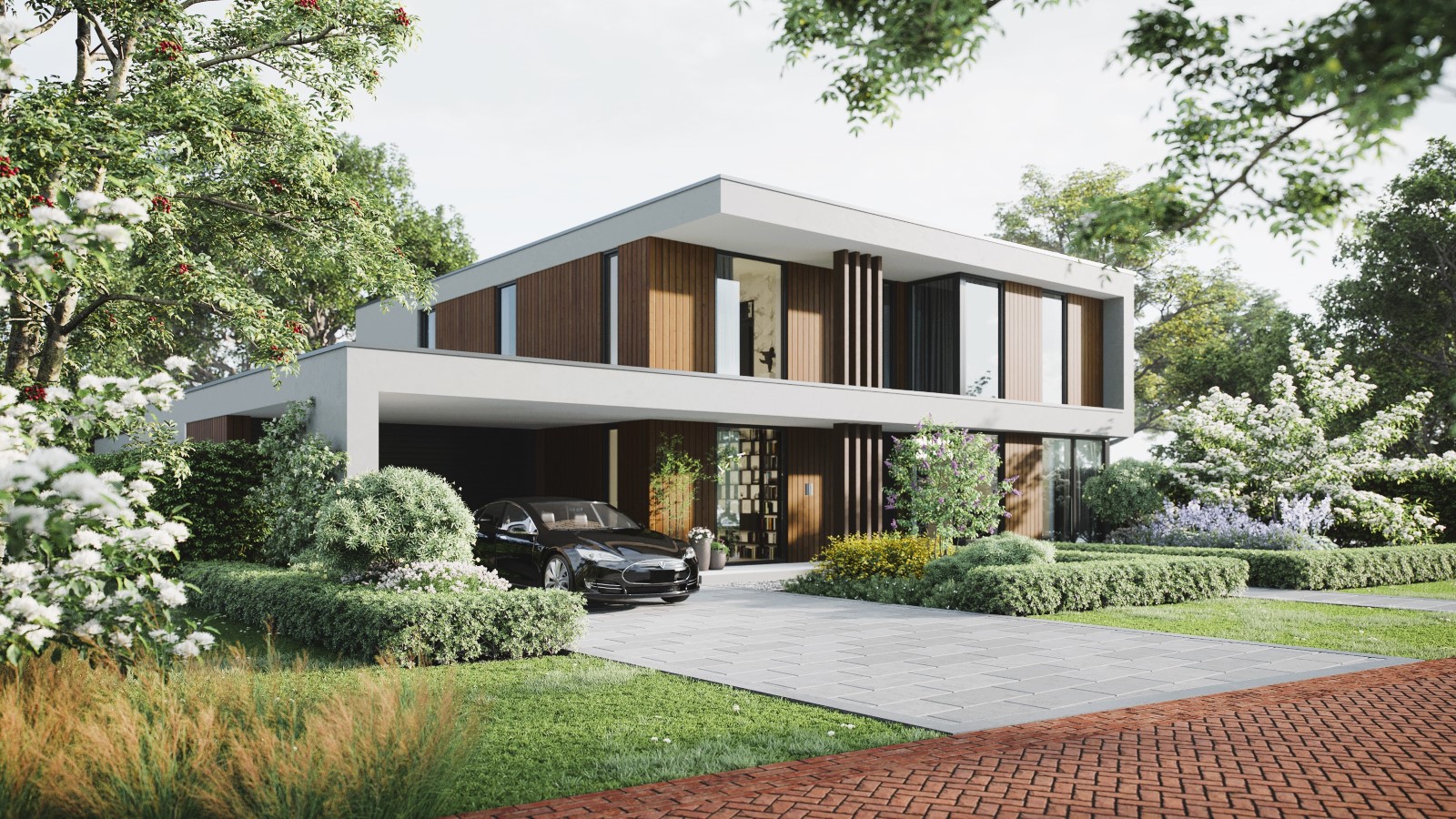 Strakke villa met houten gevelbekleding, wit kader en inpandige carport &ndash; Bongers Architecten, architectenbureau Zuid-Holland.