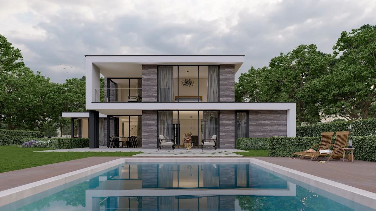 Moderne villa met zwembad, strakke gevel in wit stucwerk en donker natuursteen &ndash; ontwerp door Bongers Architecten.