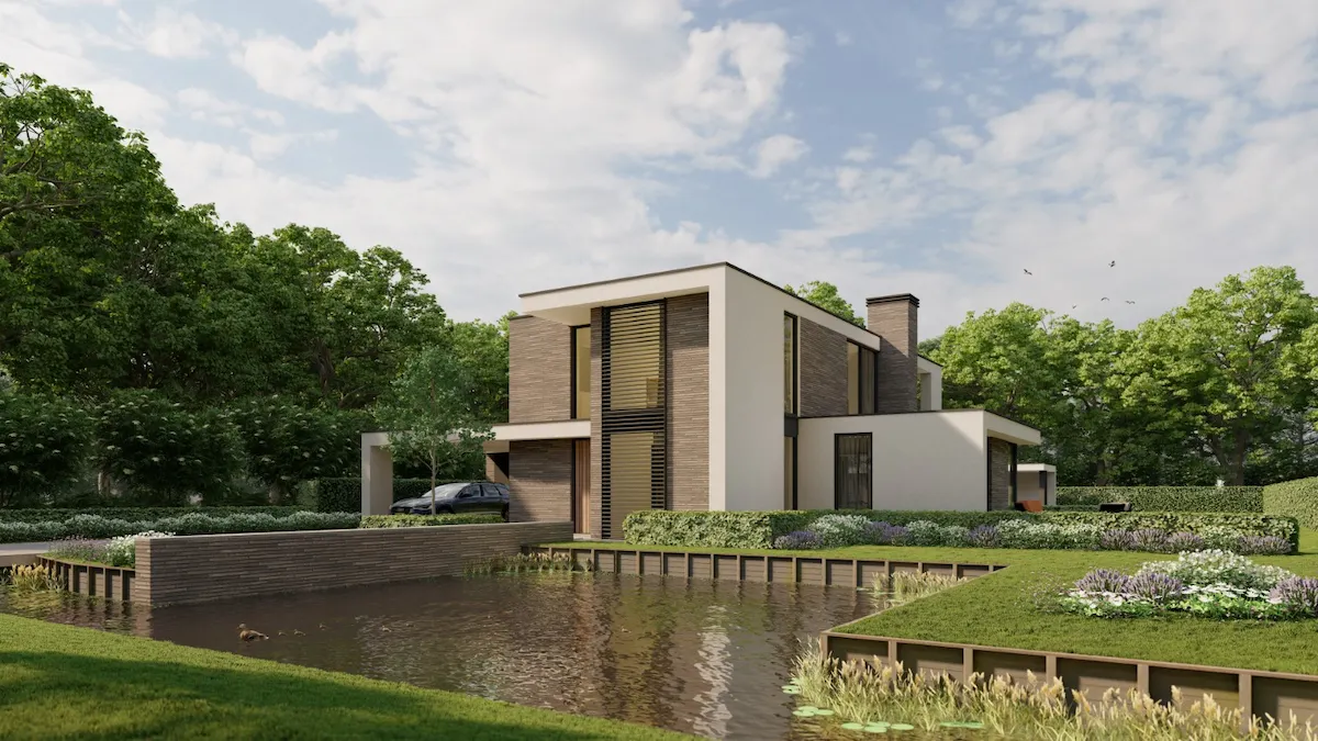 Moderne villa aan het water in Berkel en Rodenrijs met strakke architectuur, witte gevels en donkere steen &ndash; ontworpen door Bongers Architecten