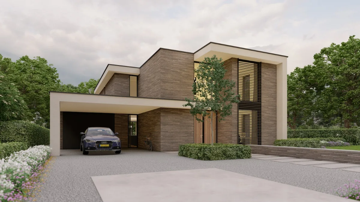 Moderne villa in Berkel en Rodenrijs met ruime carport, houten lamellen en gevels in donker metselwerk &ndash; ontwerp door Bongers Architecten.