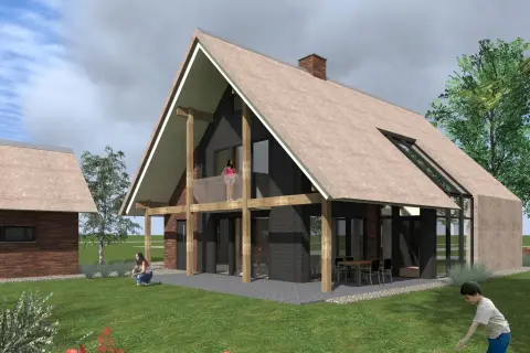 Moderne villa met rieten kap, houten kolommen en grote glaspartijen – duurzaam en landelijk ontwerp door Bongers Architecten