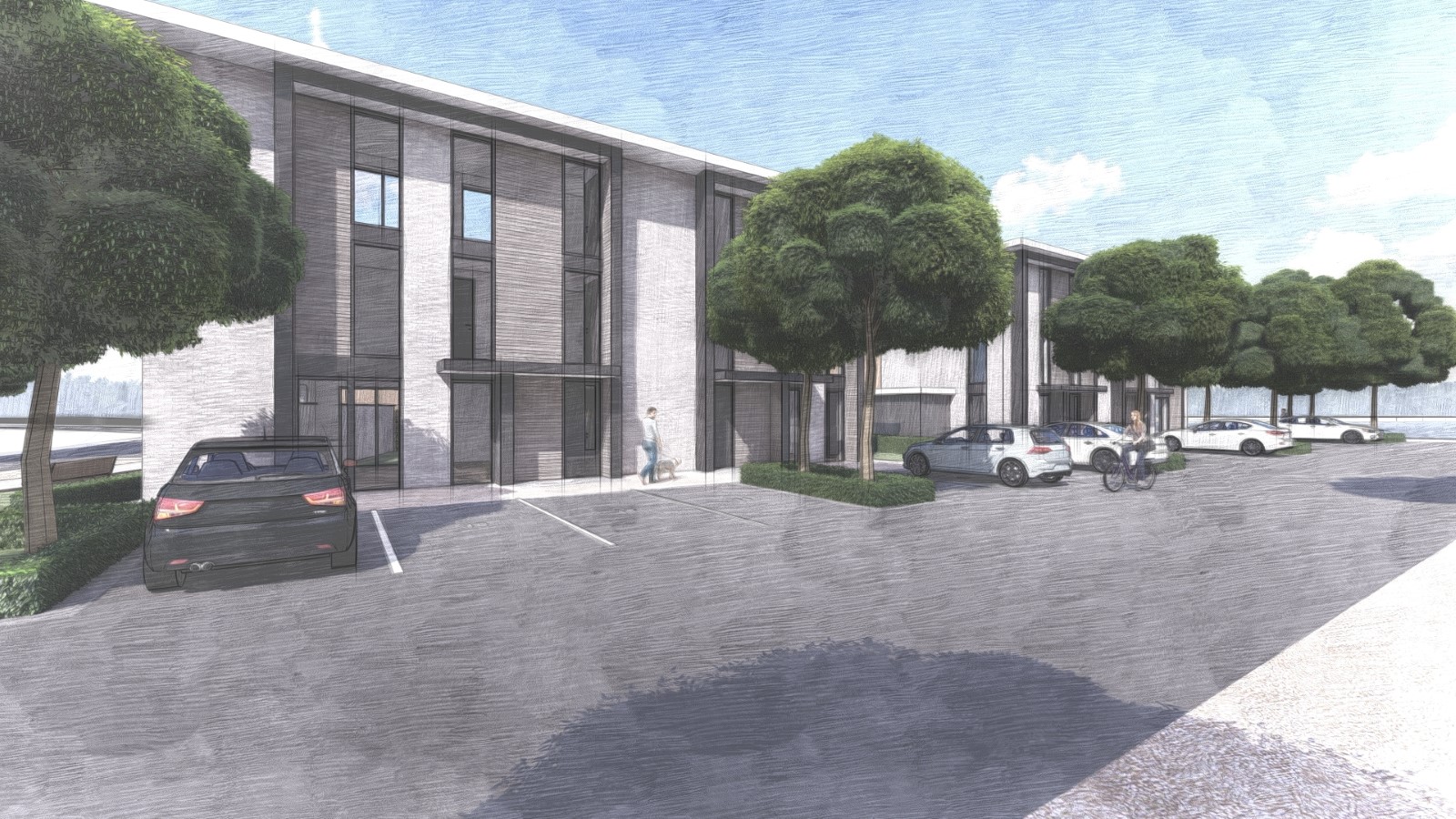 Moderne woningen met verticale gevelopbouw, royale glaspartijen en parkeervoorziening aan huis &ndash; architect Oud-Alblas.