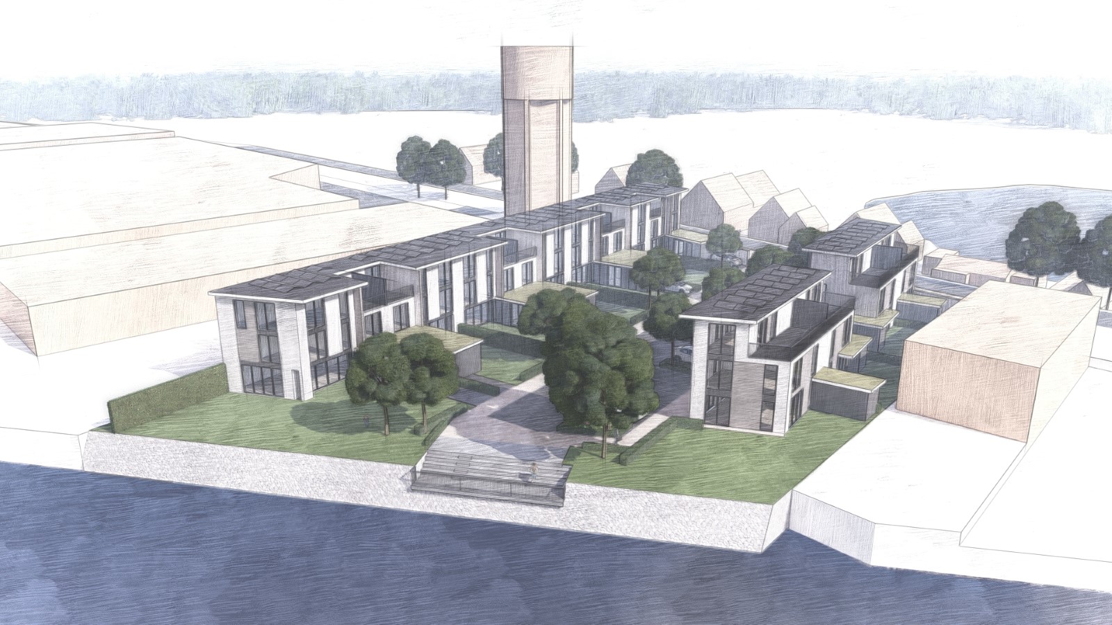 Projectontwikkeling aan het water met moderne woningen en groen binnenhof &ndash; architectenbureau Oud-Alblas