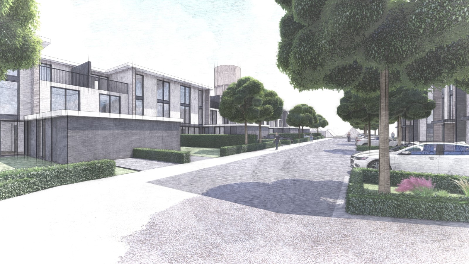 Woningbouw met moderne architectuur, horizontale gevelopbouw en ruime straatprofielen &ndash; architect Oud-Alblas.